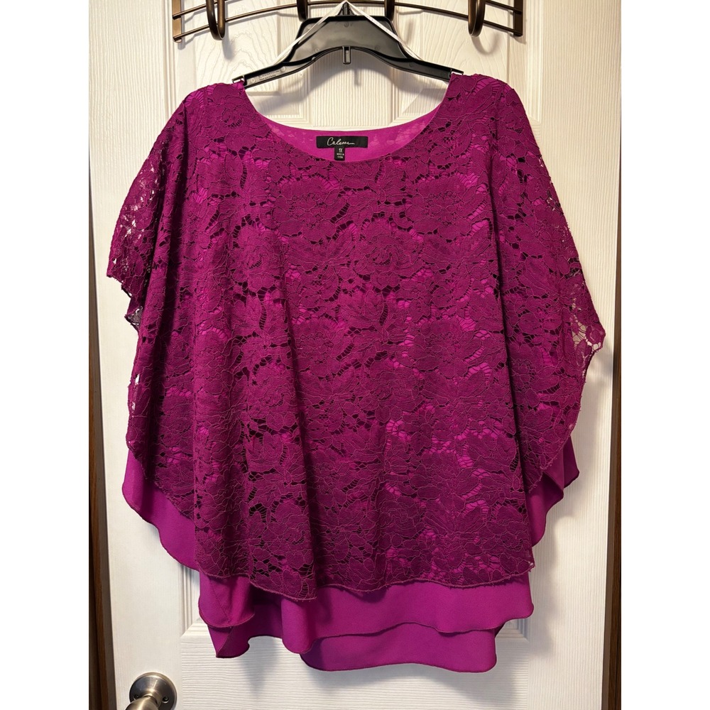 Caleesa Magenta Purple Floral Lace Overlay Poncho Blouse Top Womens 1X